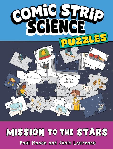 Oben: "Comic Strip Science Puzzles". Unten: "Mission to the Stars". Illustration von Puzzleteilen im Weltraum.