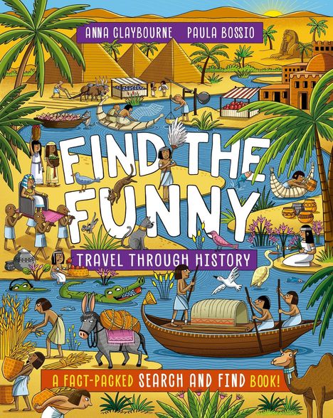 Titel: "Find the Funny: Travel Through History", darunter pyramidenähnliche Landschaft mit historischen Figuren und Tieren.
