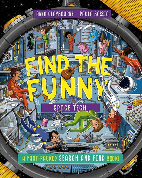 Text: "Find the Funny: Space Tech". Zeichnung von Astronauten in einer Raumstation, die Chaos und lustige Szenen zeigt.