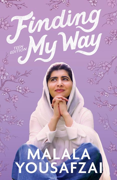 „Finding My Way Teen Edition“ steht in kräftiger Schrift über einem porträtierten Mädchen in weißem Schal vor lilafarbenem Hintergrund mit Blüten.