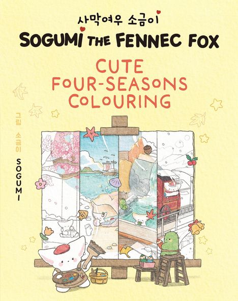 "CUTE FOUR-SEASONS COLOURING", Illustration eines Fuchs, der malt. Szenen der vier Jahreszeiten im Hintergrund.