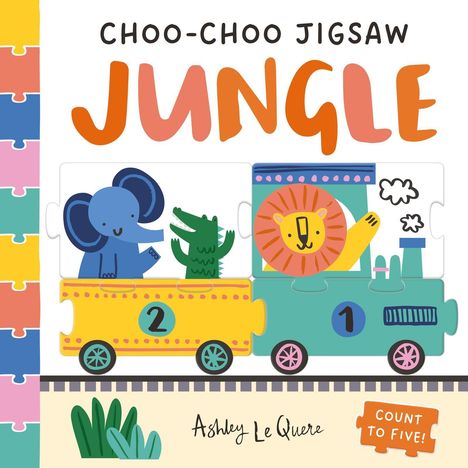 "Choo-Choo Jigsaw Jungle" zeigt Puzzle-Motive mit bunt illustrierten Tieren in einer Eisenbahn.