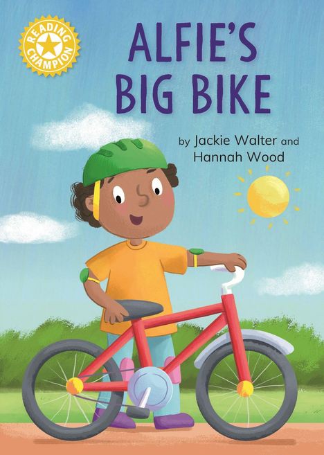 Große blaue Schrift: "ALFIE'S BIG BIKE". Ein Kind mit grünem Helm hält ein rotes Fahrrad. Sonne und Wolken im Hintergrund.