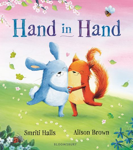 "Hand in Hand" oben, "Smriti Halls" links, "Alison Brown" rechts. Illustration: Hase und Eichhörnchen halten sich umarmend.