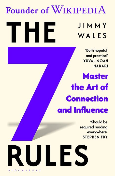 Text: "Jimmy Wales, The Seven Rules of Trust, Why It Is Today's Most Essential Superpower." Entwurf mit goldenen Punkten.