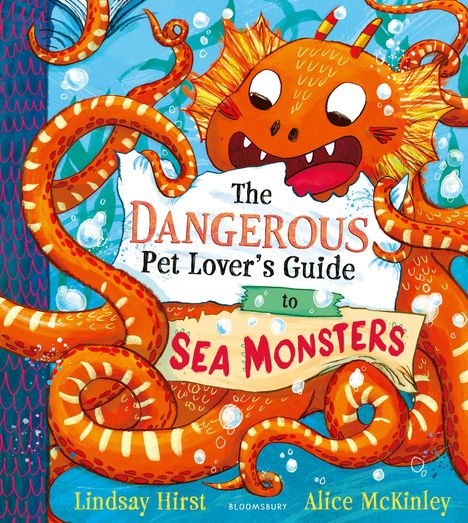 "The Dangerous Pet Lover’s Guide to Sea Monsters" steht auf einem Blatt, das von einem lächelnden, orangefarbenen Seeungeheuer gehalten wird.