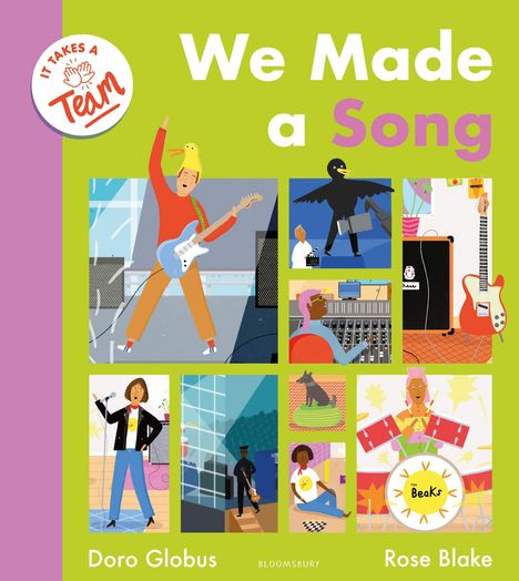 "We Made a Song" in großen Buchstaben. Illustration mit Personen, Musikinstrumenten und Tonstudio-Elementen in lebhaften Farben.