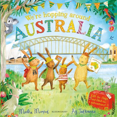 "We're hopping around AUSTRALIA", Illustration: Vier Kaninchen vor einer Brücke, eines hält eine Australien-Karte. Ein Koala sitzt im Baum.