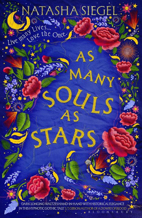 "AS MANY SOULS AS STARS" in gelber Schrift auf blauem Hintergrund. Farbige Blumen und Sterne verzieren den Rand.