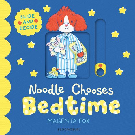 „Slide and Decide“ und „Noodle Chooses Bedtime“. Illustration: Roter Hund in Pyjama mit Spielzeug.