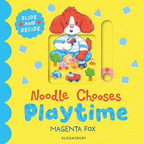 Text: "SLIDE AND DECIDE", "Noodle Chooses Playtime", "MAGENTA FOX". Illustration mit rotem Hund.