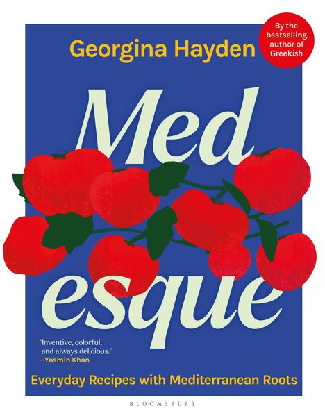 Georgina Hayden, Med, esque, Everyday Recipes. Rote Tomaten über blauem Hintergrund.