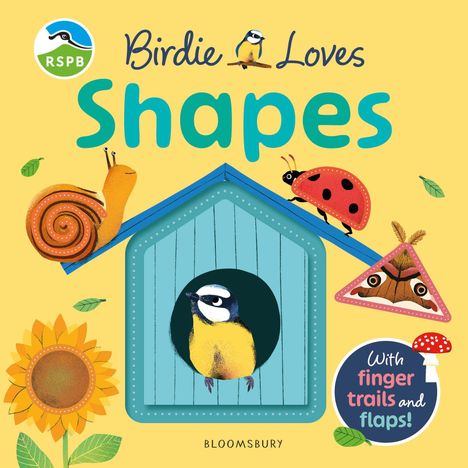 "Birdie Loves Shapes", Illustration mit Tieren wie Schnecke, Marienkäfer, einer Kohlmeise und Sonnenblume.