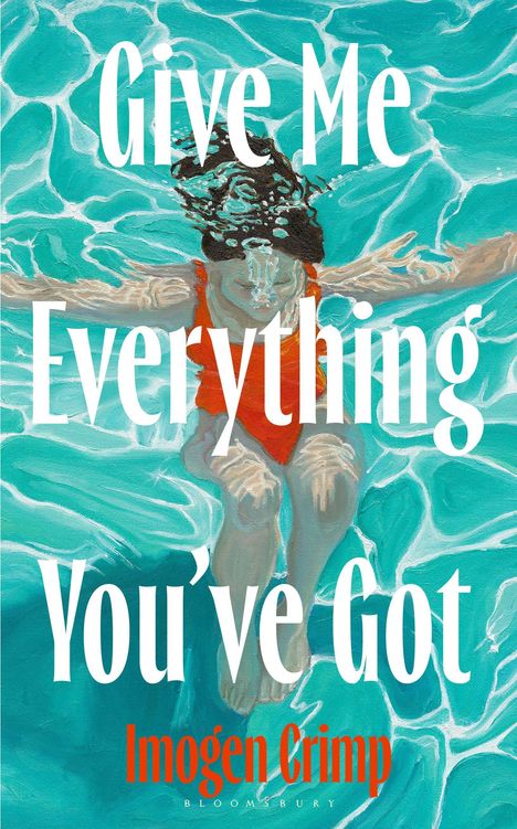 "Give Me Everything You've Got" steht in Weiß über einer Illustration einer Person im orangenen Badeanzug im Wasser.