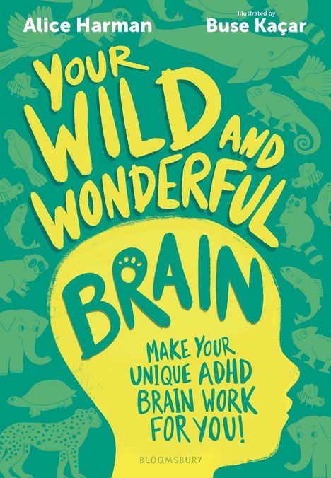 Titel: "Your Wild and Wonderful Brain." Hintergrund mit Tiersilhouetten und einem gelben Profil.