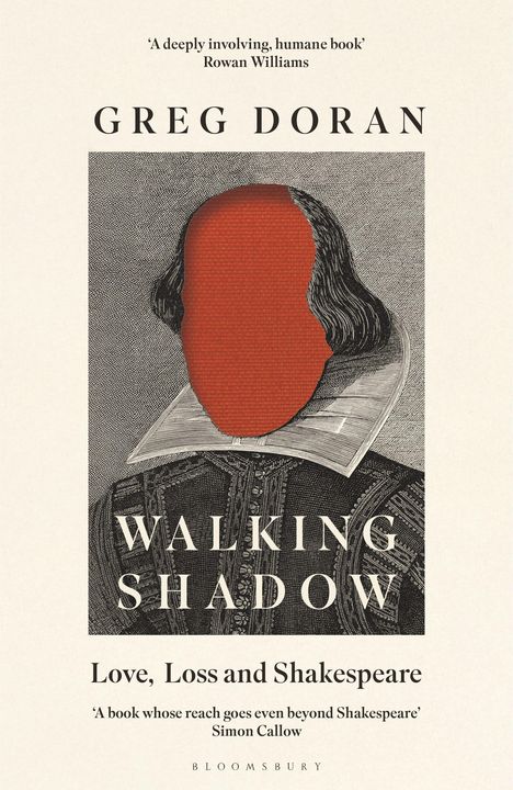 Titel: Walking Shadow. Autor: Greg Doran. Illustration: Porträt mit leerem roten Gesicht, Shakespeare-Zeitalter.