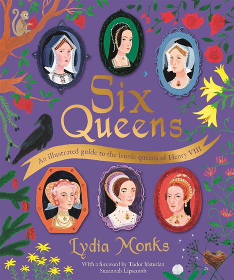 „Six Queens“ in großer, goldener Schrift auf lila Hintergrund. Sechs illustrierte Frauenporträts umgeben von Blumenverzierungen.