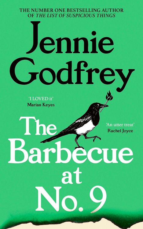 Schrift: "Jennie Godfrey. The Barbecue at No. 9". Eine Elster hält ein brennendes Streichholz. Hintergrund grün.