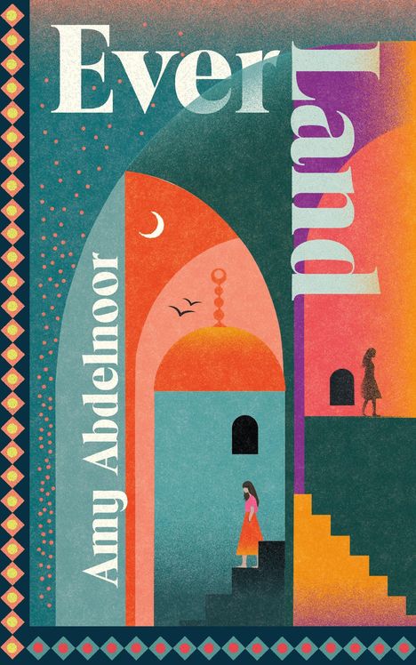 „Ever Land“ und „Amy Abdelnoor“ auf einer farbenfrohen Illustration mit Treppen und Personen in geometrischer Architektur.