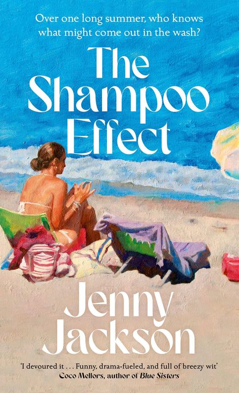 „The Shampoo Effect“ von Jenny Jackson. Strandgemälde mit Frau auf einem bunten Liegestuhl am Meer.
