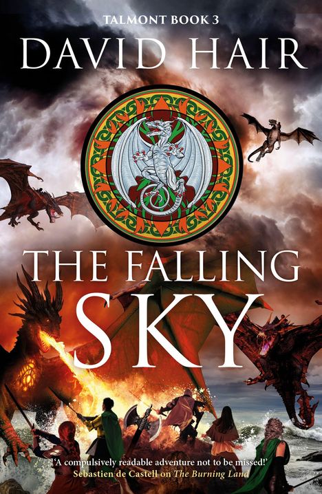 "DAVID HAIR", "THE FALLING SKY", "TALMONT BOOK 3"; Drachenkampfszene mit Kriegern und einem Drachenemblem.