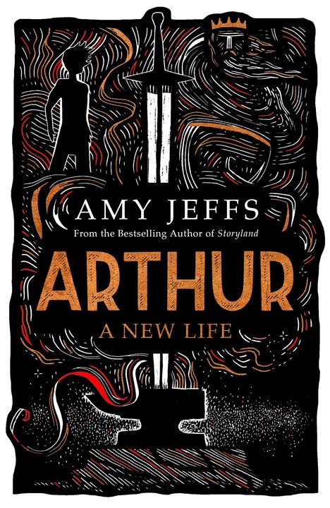 "Arthur: A New Life" von Amy Jeffs. Illustration eines Schwerts im Stein, umrissen von dynamischen Linien und einer Krone.