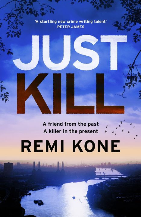 "JUST KILL" in großen Buchstaben, darunter "A friend from the past, A killer in the present", von Remi Kone. Hintergrund: Stadtansicht bei Sonnenuntergang.