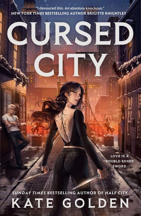 Texts: "Cursed City", "Love is a double-edged sword.", "Kate Golden". Illustration: Frau mit Messern, Stadt bei Nacht, Schneefall.