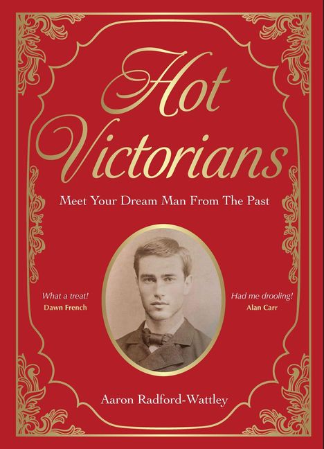 "Hot Victorians: Meet Your Dream Man From The Past" auf rotem Hintergrund mit Vintage-Foto und goldenen Ornamenten.
