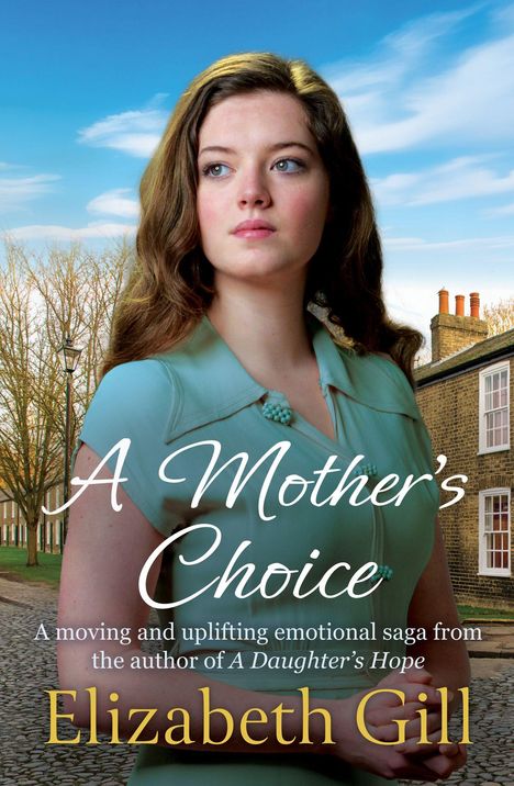 „A Mother’s Choice“ von Elizabeth Gill. Eine Frau in mintgrünem Kleid, im Hintergrund ein blauer Himmel und Häuser.