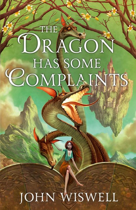"The Dragon Has Some Complaints" - John Wiswell. Eine Illustrationsszene mit einem Drachen, einem Mädchen und einer schwebenden Burg.