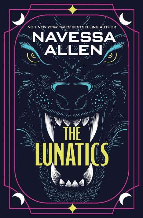 „NAVESSA ALLEN. THE LUNATICS.“ Illustration: Wolfsgesicht mit aufgerissenem Maul, gelbe Augen, Mond- und Sternmotive.