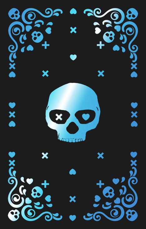 Zentrale Totenkopf-Illustration, ein Auge mit Kreuz, eines mit Herz. Umgeben von blauen Verzierungen mit Schädeln und Herzmustern.