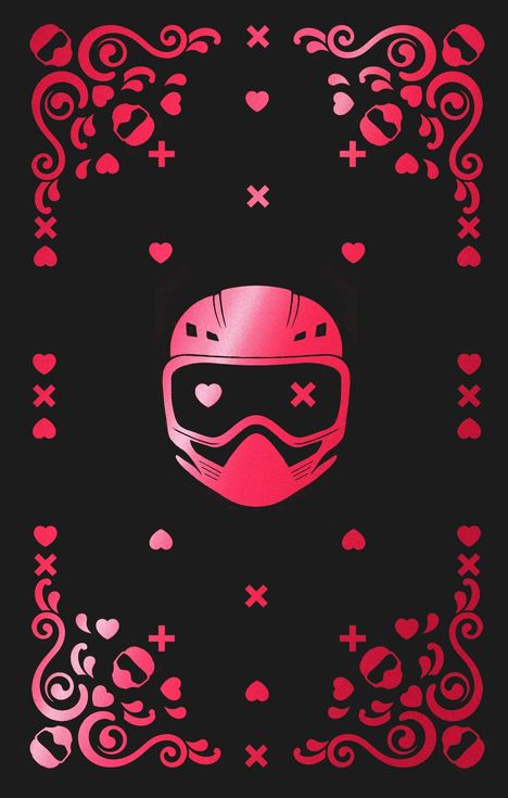 Ein stilisiertes Design mit rosa Motocross-Helm. Umgeben von Herzen, Kreuzen und Ornamenten.