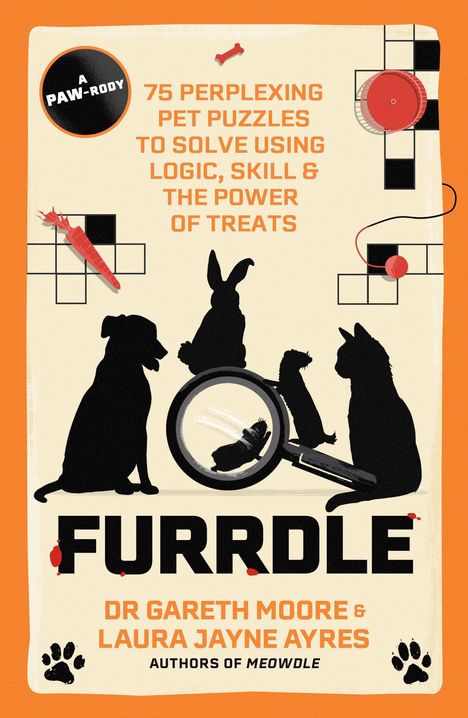 Text: „75 perplexing pet puzzles to solve using logic, skill & the power of treats. Furrdle." Silhouetten von Tieren.
