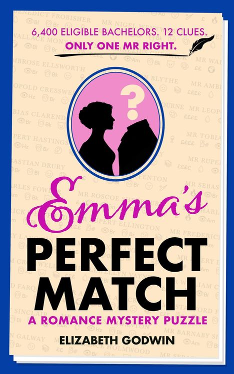 Titel: „Emma’s Perfect Match“. Text: „6,400 eligible bachelors. 12 clues. Only one Mr Right.“ Illustration: Silhouetten eines Paares.