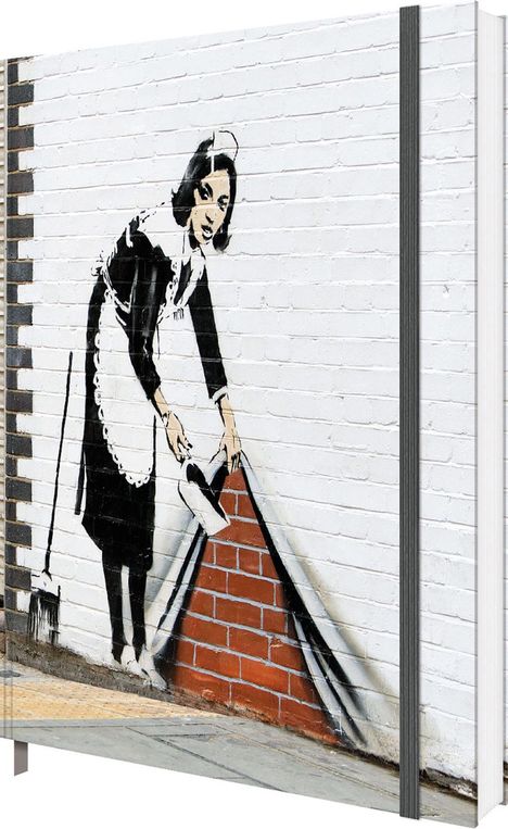 Illustration: Eine Frau im Dienstmädchen-Outfit hebt eine Wand wie einen Vorhang an, um Ziegel dahinter zu verstecken.
