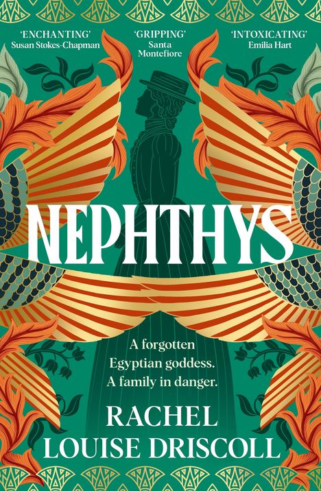 „NEPHTHYS“ in großen Buchstaben, Zitate oben. Silhouette einer Person umgeben von Flügelmotiven und Pflanzen auf grünem Hintergrund.