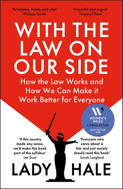 "WITH THE LAW ON OUR SIDE" in großen Buchstaben. Silhouette einer Justitia-Figur mit Schwert vor rotem Hintergrund.
