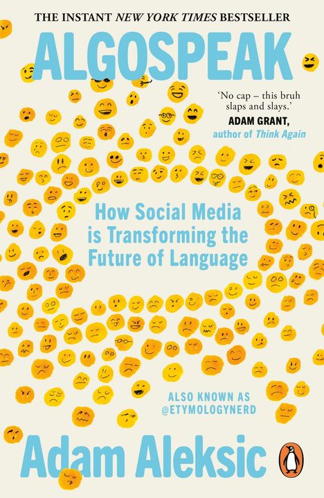 „ALGOSPEAK“ in großen blauen Buchstaben. Verschiedene gelbe Emojis mit verschiedenen Gesichtsausdrücken füllen den Hintergrund.