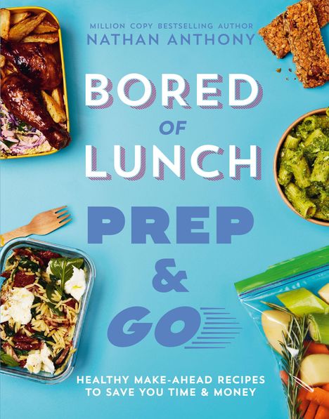 "BORED OF LUNCH PREP & GO. Healthy make-ahead recipes to save you time & money." Essen in Behältern auf blauem Hintergrund.