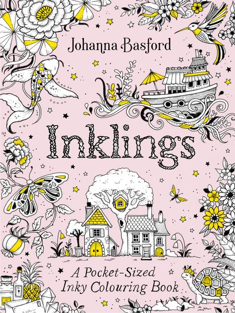 Buchtitel "Inklings" von Johanna Basford. Illustration mit Fischen, Blumen, Haus, Schiff, Kolibri und Schildkröte auf rosa Hintergrund.