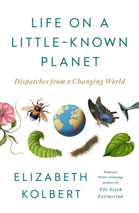 „LIFE ON A LITTLE-KNOWN PLANET“; Zeichnung mit Insekten, einer Blume, einer Raupe, einem Blatt und einer Weltkugel.