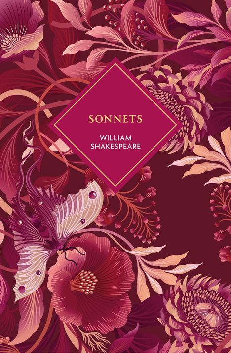 Text: "SONNETS WILLIAM SHAKESPEARE" in einem roten Rautenfeld. Florale Illustration in Rosa- und Rottönen.