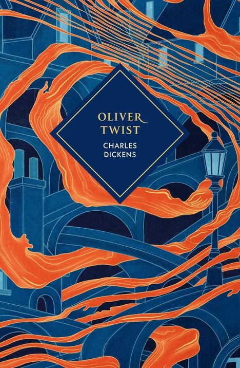 Text: "OLIVER TWIST, CHARLES DICKENS". Illustration mit blauen Bögen und orangefarbenen Bändern.