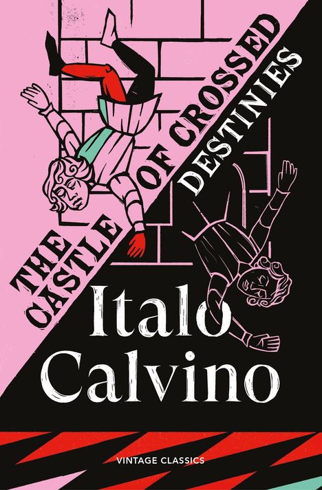 "The Castle of Crossed Destinies", "Italo Calvino". Zwei stilisierte Figuren fallen diagonal.