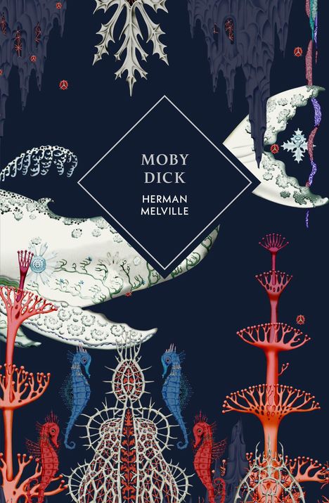 "MOBY DICK", "HERMAN MELVILLE" in einem Rautenfeld. Abstrakte Unterwasserszene mit Wal, Seepferdchen und Korallen.