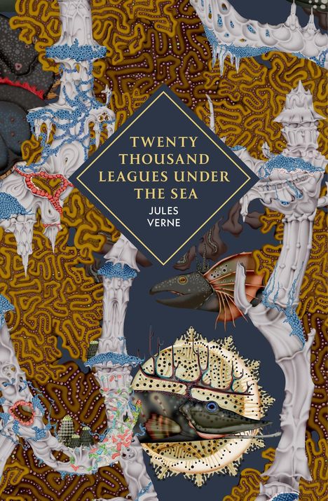 TWENTY THOUSAND LEAGUES UNDER THE SEA. JULES VERNE. Illustration von bunten Meereslebewesen und Korallen.