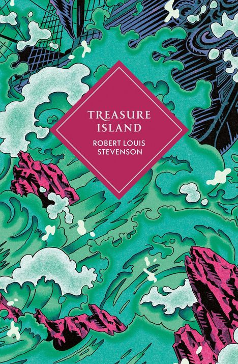 "Treasure Island" von Robert Louis Stevenson. Illustration mit grünen Wellen und pinken Felsen.