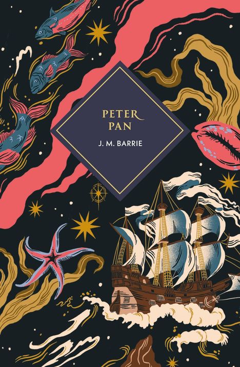 Text: "Peter Pan, J. M. Barrie." Illustration eines Segelschiffs, umgeben von Fischen, Sternen und bunten Wellen.